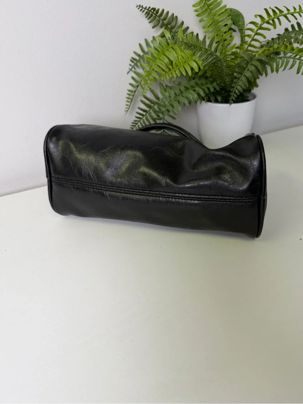 Black Faux Leather with Silver tone Chain-Accent Shoulder Bag